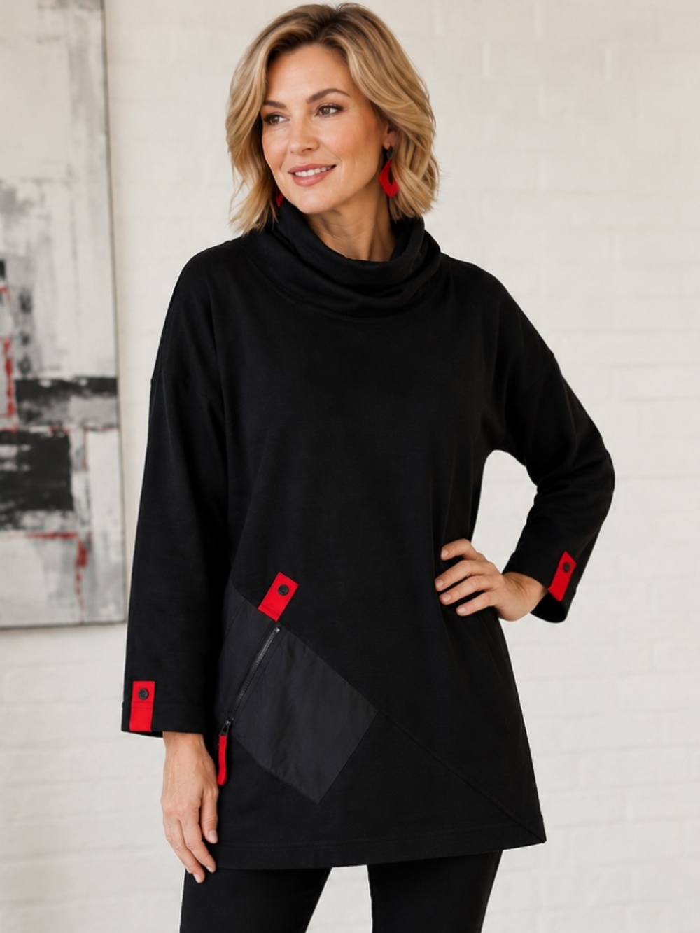 Ali Miles Black with Red Accents Cowl Neck Tunic Top L NWOT Modern Artwear